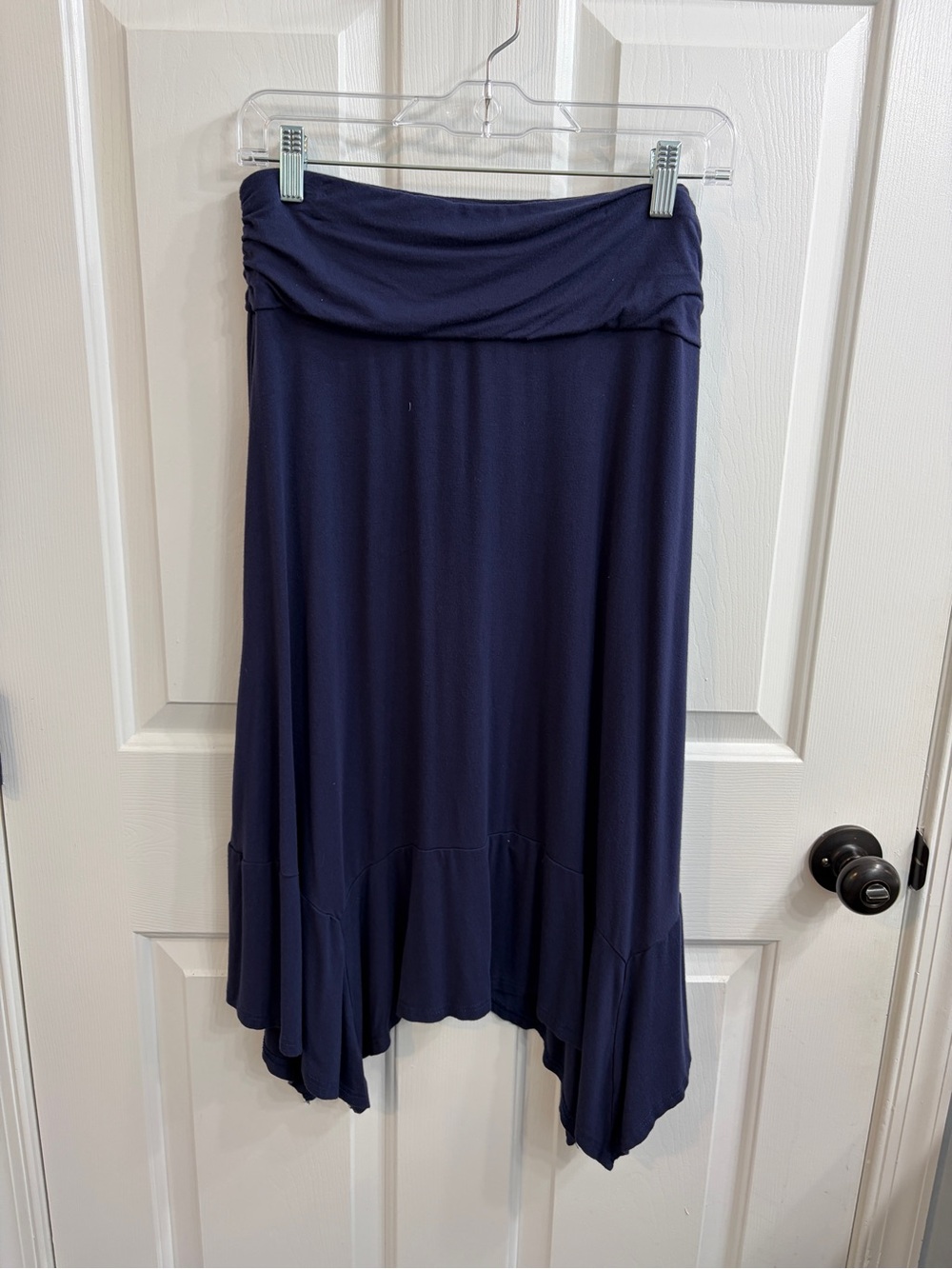 Fold-Over Waist High-Low Skirt in Navy Blue